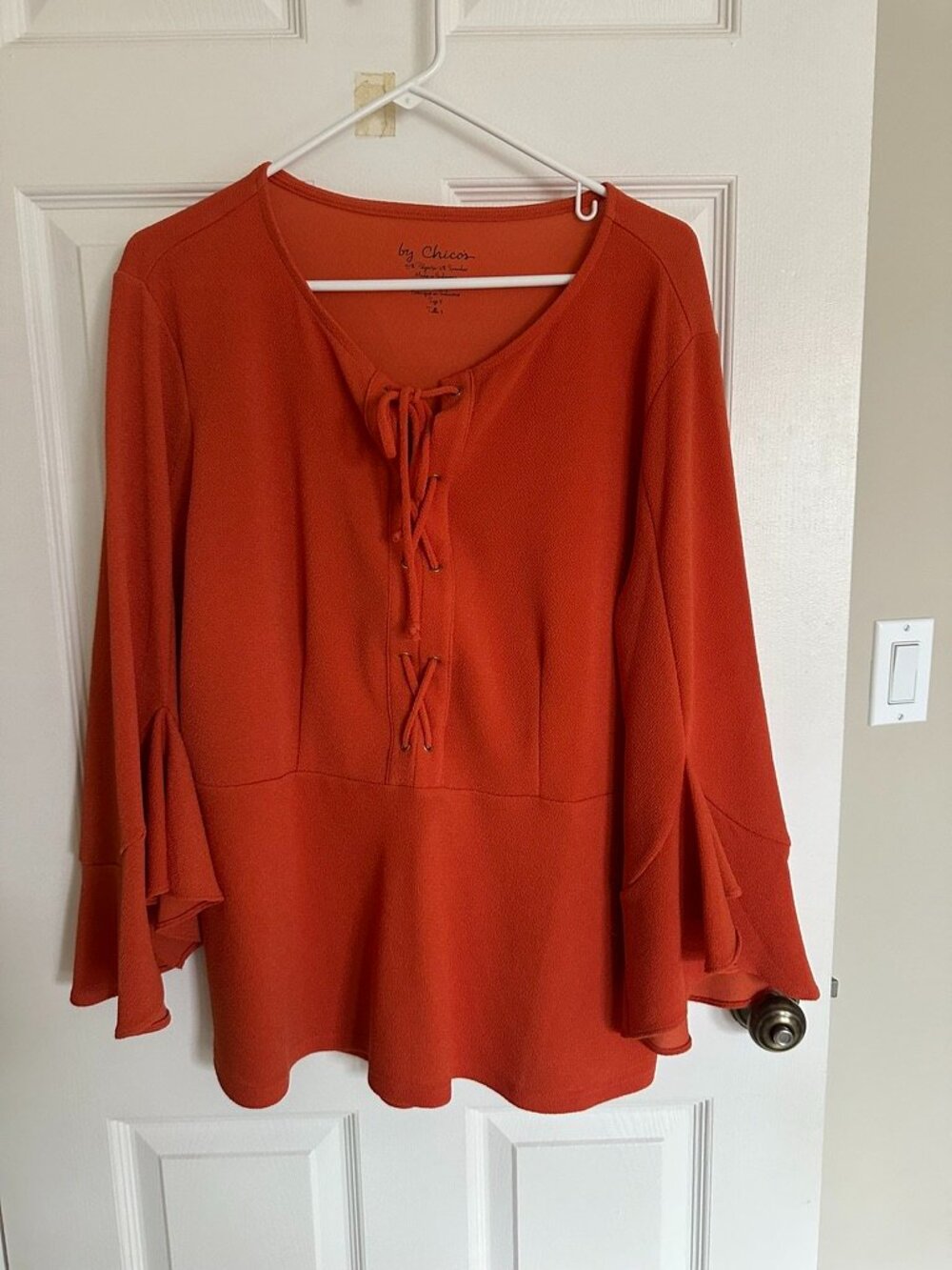 Chico’s Size 3 Rust Orange Lace Up Blouse Bell Sleeve Peplum Top Plus Size